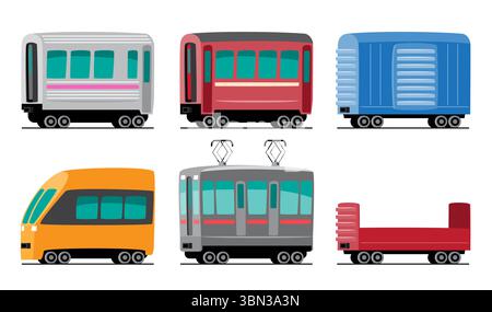 Zugfahrzeuge Transport Cartoon Illustration . Einschließlich Pkw oder Reisebus, Boxcar, Hochgeschwindigkeitszug, Straßenbahn und Flachwagen . Satz 3 von 3 . Ve Stock Vektor