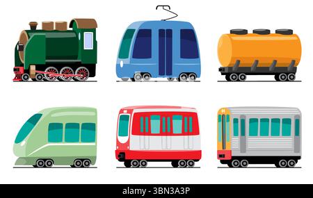 Zugfahrzeuge Transport Cartoon Illustration . Umfasst Dampflokomotive, Stadtbahn oder Straßenbahnwagen, Kesselwagen, Hochgeschwindigkeitszug, Reisebus und Güterwagen Stock Vektor