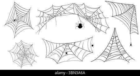 Gruselige Spinnennetzkollektion mit gotischen Ecken und gruseligen Formen. Halloween Spinnweben Vektor Set für Horror Dekorationen. Isolierte schwarze Insektennetze und gruselige Fadenrahmen auf weiß. Vektorabbildung Stock Vektor
