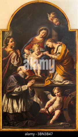 PIACENZA, ITALIEN - 20. MAI 2025: Gemälde der mystischen Ehe der Heiligen Katharina und des seligen Paolo Burali in der Kathedrale von Robert de Longe Stockfoto