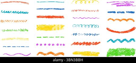 Handgezeichnete Kreide-Scribble-Linien. Doodle Kreide Marker Line Stripes Kollektion. Wellige Kreidestruktur unterstrichen. Handgefertigte Pinselteiler. Vektor Stock Vektor