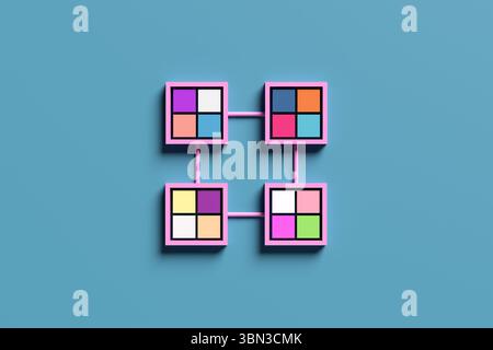 Rosafarbene Quadrate mit bunten Quadranten, die miteinander verbunden sind und Netzwerk, Datenfluss und moderne Technologie symbolisieren. 3D-Rendering. Stockfoto