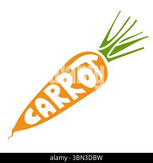 Einfache Vektorillustration einer Karotte mit stilisierter Schrift innerhalb der Gemüseform. Sauberer weißer Hintergrund, gesundes Lebensmittelkonzept, Minimal Line Art mit künstlerischer Typografie für Print oder Web. Stock Vektor