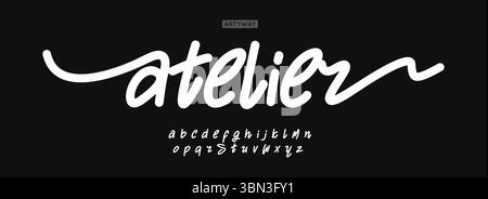 Handgeschriebene Pinselschrift fließend wie ein Faden, stilisierte Schriften für Modelogos, Schneiderschilder, von Frauen geführte Ateliers, handgefertigte Cover, moderne Schrift Stock Vektor