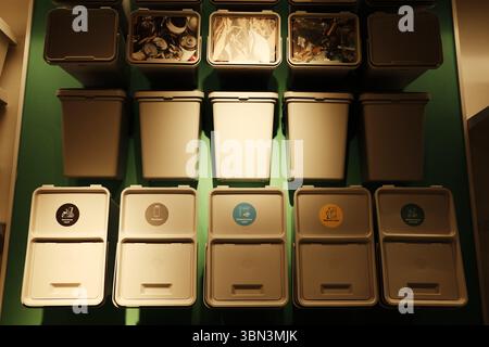 Mehrere etikettierte Recyclingbehälter, die an einer grünen Wand angebracht sind, fördern die Abfalltrennung und die Umweltverantwortung Stockfoto