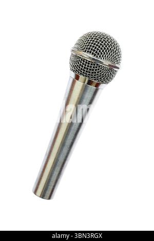 Es handelt sich um ein silbernes drahtloses Mikrofon, das auf weiß isoliert ist. Stockfoto