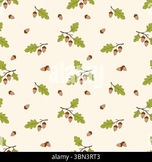 Herbstmuster mit Eichenholz, Eicheln auf cremefarbenem Hintergrund. Saisonales Ornament. Endlose Textur kann für Webdesign, Druck auf Stoff und Papier verwendet werden Stock Vektor