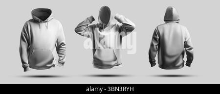 Weißes Herren Hoodie-Modell mit Übergröße, 3D-Rendering, Streetwear mit Tasche, Krawatten, Vorderseite, Rückansicht, isoliert auf Hintergrund. Einstellen. Vorlage für stilvolle Mutter Stockfoto
