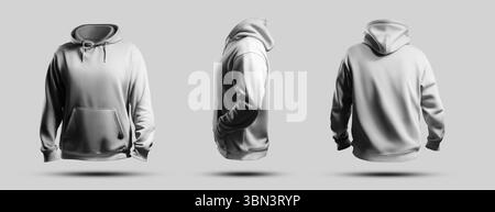 Weiße übergroße Kapuzenvorlage für Herren, 3D-Rendering, Streetwear mit Tasche, Krawatten, Vorderseite, Seite, Rückansicht, isoliert auf Hintergrund. Einstellen. Modell der Fash Stockfoto