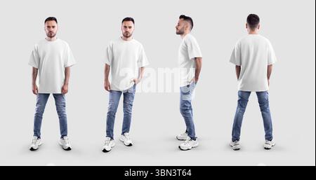 Modell eines weißen übergroßen T-Shirts auf bärtigen Kerl in blauer Jeans, volle Höhe, vorne, hinten, Seitenansicht, isoliert auf Hintergrund. Einstellen. Vorlage für Herren c Stockfoto