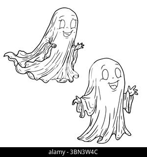 Lustiger fliegender Geist, skizziert in schwarz-weißer Tinte. Vektorabbildung. Ein lächelnder Geist, das Set ist isoliert auf einem weißen Hintergrund. Halloween-Themen Stock Vektor
