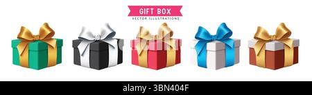 Vektor-Illustration der bunten Geschenkboxen mit Bändern festliches Geschenk Set für Feiern. Stock Vektor