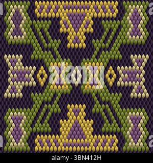 Dieses nahtlose Vektormuster verfügt über ein markantes Mosaik aus lebendigen geometrischen Skalen in satten Senftönen von Gelb, Olivgrün und Lila, das wieder gesetzt wird Stock Vektor