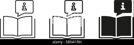 Buch Mit Symbolgruppe „Informationen“ Öffnen. Sammlung Von Symbolen Für Wissensaustausch, Bildung Und Lernressourcen. Informationszugang Und Alphabetisierungsförderung Stock Vektor