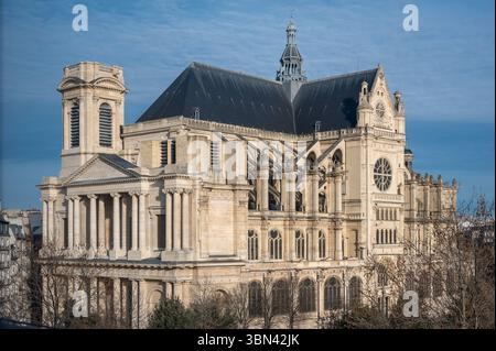 Frankreich. Paris. Bezirk 1. Bezirk Halles. St. Eustache Kirche. Die West- (mit dem Turm) und Südfassaden. Stockfoto