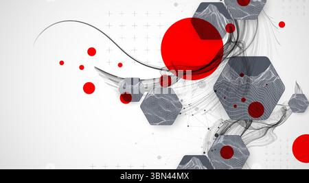 Wissenschaftlicher und technologischer Hintergrund. Welle mit Drahtmodellhexagonen verschiedener Typen auf einem grauen Gradienten. Stock Vektor
