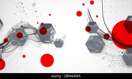 Wissenschaftlicher und technologischer Hintergrund. Welle mit Drahtmodellhexagonen verschiedener Typen auf einem grauen Gradienten. Stock Vektor