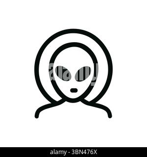 Black Line Art Alien Head Outline Icon mit kreisförmigem Halo Stock Vektor