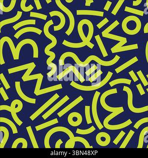Abstraktes nahtloses Muster aus den 80er oder 90er Jahren. Handgezeichnete Abbildung im memphis-Stil. Helle, trendige Farbpalette. Kreise, Quadrate, Linien, Spirale Stock Vektor