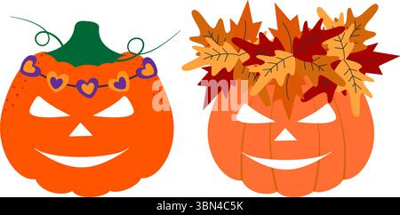 Cartoon Halloween Kürbisse dekorierte Herzen und Herbstblätter Kränze niedliche Halloween Charaktere Set. Isolierte Vektor-Illustration Feiertage Gruß Thematische Karten, Party Einladung oder Banner, Faltblatt, Tag Stock Vektor