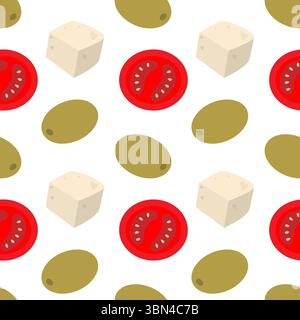 Tomaten Scheiben Käse Würfel und Oliven nahtlose Muster Lebensmittel Poster gesunde Ernährung Hintergrund Idee. Isolierte Vektor-Illustration Thematische oder Menükarten Hintergrund Banner, Faltblatt, Preisschild, Medienpost Stock Vektor