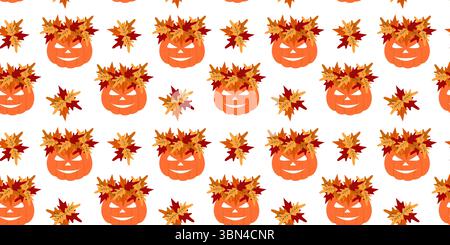 Cartoon Halloween Kürbisse in Kränze und Herbst Blätter Blumensträuße nahtlose Muster Halloween Hintergrund. Isolierte Vektor-Illustration Halloween Feiertage Themen Karten Fond Poster, Banner, Faltblatt, Preisschild Stock Vektor