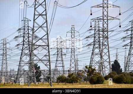Hochspannungskabel und -Masten in Christchurch, Neuseeland Stockfoto