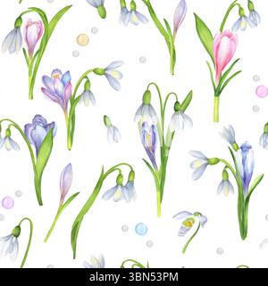 Nahtloses Muster mit Krokussen in Aquarellen, Schneeglöckchen und Perlen. Frühlingsdesign mit Wildblumen. Farbenfrohe handgezeichnete Blumen-Illustrationen für W Stockfoto