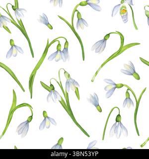 Nahtloses Muster mit Schneeglöckchen im Frühling. Blumendesign mit weißen Blumen. Handgezeichnete Illustration für Stoff, Geschenkpapier, Kleidung, Stockfoto