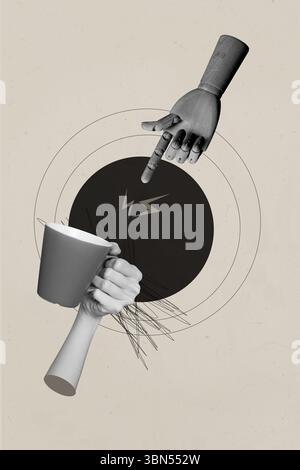 Bild 3d zine vertikale Collage der menschlichen Hand Ohrhörer Box Retro Kamera Aufnahme Kaffee Tasse Getränk Blitzkonzept Stockfoto