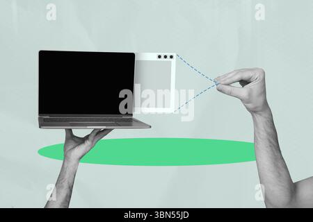 Kreativer Trend Artwork Design 3D Collage Skizze der Computertechnologie Online Internet virtueller Handheld Laptop Hacking Dateninformationen Stockfoto
