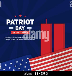 Post zum Patriot Day in sozialen Medien. Quadratischer Hintergrund des Patriot Day mit rotem Doppelturm und amerikanischer Flagge auf dunkelblauem Hintergrund Stock Vektor