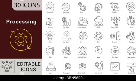 Symbole für Verarbeitungslinien: Vektoren für Geschäftsvorgänge, Daten und Automatisierung. Stock Vektor