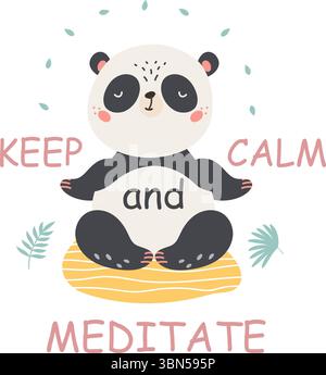 Meditierende Panda-Zeichentrickvorlage. Süßer asiatischer Bär, der auf Yogamatte in Meditationspose sitzt. Bleib ruhig, leise Geist und Entspannung, Vektorkarte Stock Vektor