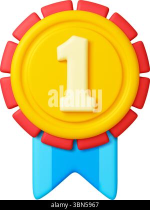 Erste Medaille 3D-Symbol. Einzelauftrag mit Band für Auszeichnung, Preis oder Abzeichen. Gewinnerkonzept, realistisches Rendering-Vektordesign für Banner Stock Vektor