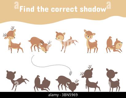 Finden Sie den richtigen Hirschschatten. Kinder-Lernspiel mit niedlichen Zeichentrickfilmen Baby-Hirschen. Lustige wilde Tierfiguren verschiedene Posen, Vektor-Spielvorlage Stock Vektor