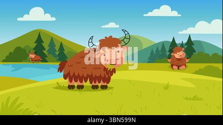 Yaks auf der Natur. Lustiges Yak isst Gras, meditiert und läuft in der Nähe von See oder Teich. Tier auf grüner Wiese, wilde Berglandschaft, heute Vektor Stock Vektor