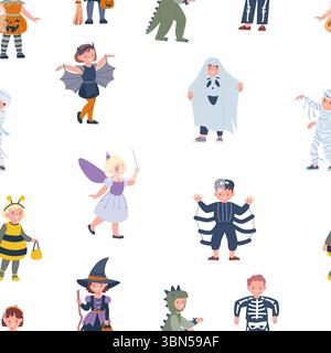 Halloween children seamless pattern. Cute funny kids wear different party costumes, witch, ghost, bee, fairy lady. Decorative print, vector background Stock Vektor