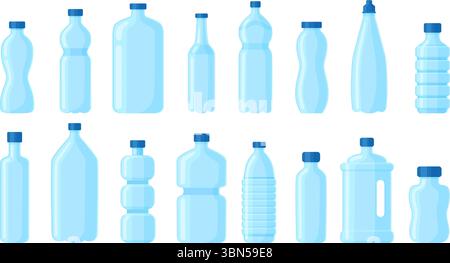 Leere Plastikflaschen. Behälter für Flüssigkeiten, Trinkwasser und technisches Wasser. Aqua Verpackungsformen, Getränkepaket, neoterische Vektorset Stock Vektor