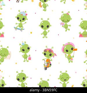 Nahtloses Aliens-Muster in Zeichentrickgrün. Isolierte UFO-Zeichen in verschiedenen Posen. Kindliches Design, Stoff, Tapete Verpackung Druck Vektor Vorlage Stock Vektor