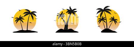Palm Logo Sonnenuntergang Strand Vektor-Symbol. Sonnenaufgang Insel Meer tropisches Wasser Sonnenuntergang Palme Sommer rund Icon Set Stock Vektor