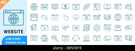 Website-Symbolgruppe. Zeilensymbole der Website. Mit Webdesign, Internet und mehr. Sammlung von Zeilensymbolen. Vektorabbildung. Bearbeitbare Kontur. Stock Vektor