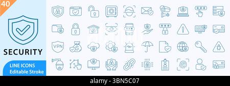 Sicherheitssymbolgruppe. Symbole für Sicherheitslinien. Mit Verschlüsselung, Passwort und mehr. Vektorabbildung. Bearbeitbare Kontur. Stock Vektor
