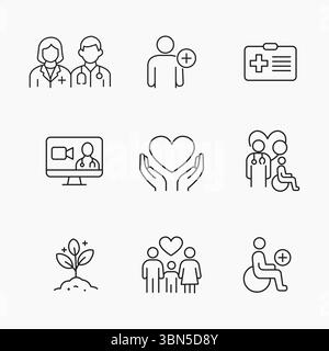 Eine Reihe von Umrisssymbolen, die integrative Gesundheitsversorgung, Barrierefreiheit und Gerechtigkeit darstellen, ideal für medizinisches, soziales oder Wellness-Design, Vektorillu Stock Vektor