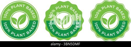 100 % pflanzenbasiertes Vektorlogo – grünes Kreisabzeichen mit Blatt-Symbol für vegane oder biologische Produkte, veganer Produktstempel Stock Vektor