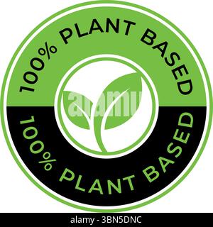 100 % pflanzenbasiertes Vektorlogo – grünes Kreisabzeichen mit Blatt-Symbol für vegane oder biologische Produkte, veganer Produktstempel Stock Vektor