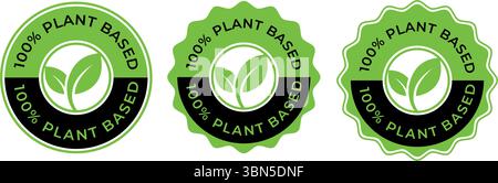 100 % pflanzenbasiertes Vektorlogo – grünes Kreisabzeichen mit Blatt-Symbol für vegane oder biologische Produkte, veganer Produktstempel Stock Vektor