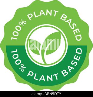 100 % pflanzenbasiertes Vektorlogo – grünes Kreisabzeichen mit Blatt-Symbol für vegane oder biologische Produkte, veganer Produktstempel Stock Vektor