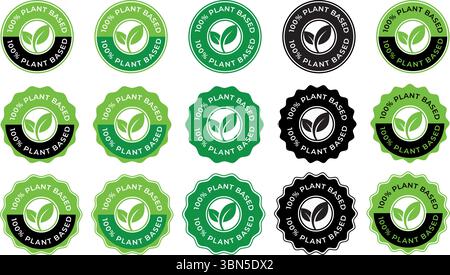 100 % pflanzenbasiertes Vektorlogo – grünes Kreisabzeichen mit Blatt-Symbol für vegane oder biologische Produkte, veganer Produktstempel Stock Vektor