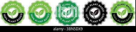 100 % pflanzenbasiertes Vektorlogo – grünes Kreisabzeichen mit Blatt-Symbol für vegane oder biologische Produkte, veganer Produktstempel Stock Vektor